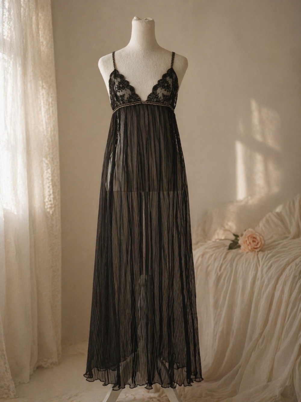 VINTAGE 60s Black Sheer Lace Pleated Nylon Nightgown Maxi Slip Dress